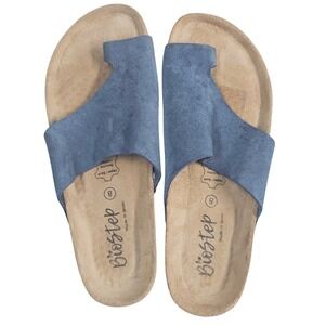 Biostep Blue Suede Toe Loop Slide Sandals Made in Spain Womens 8 Cork Footbed